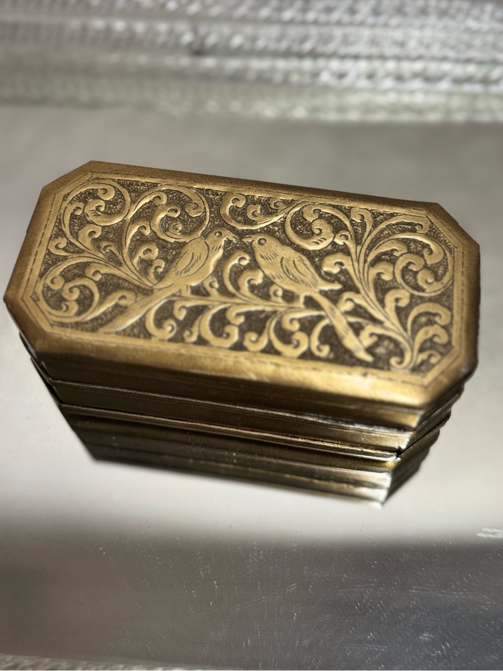 Antique 18th Century Brass Box Twin Compartment Hand Hammered Bird Pattern
